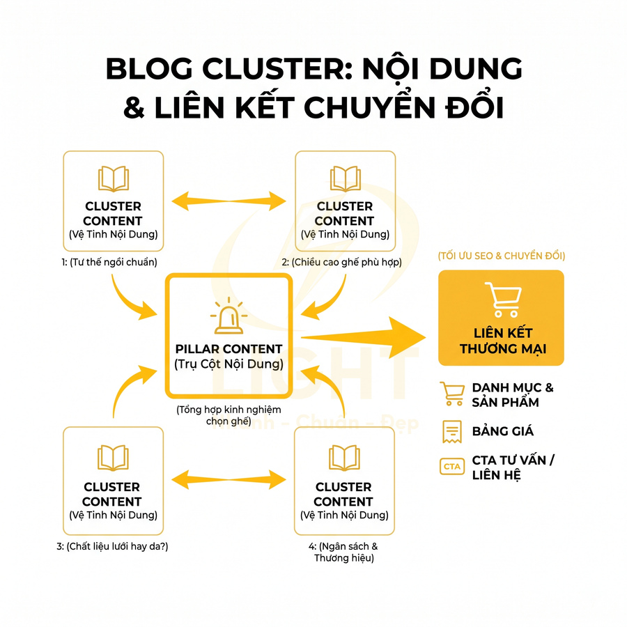 Sơ đồ blog cluster với pillar content liên kết các cluster content và dẫn tới liên kết thương mại, danh mục sản phẩm
