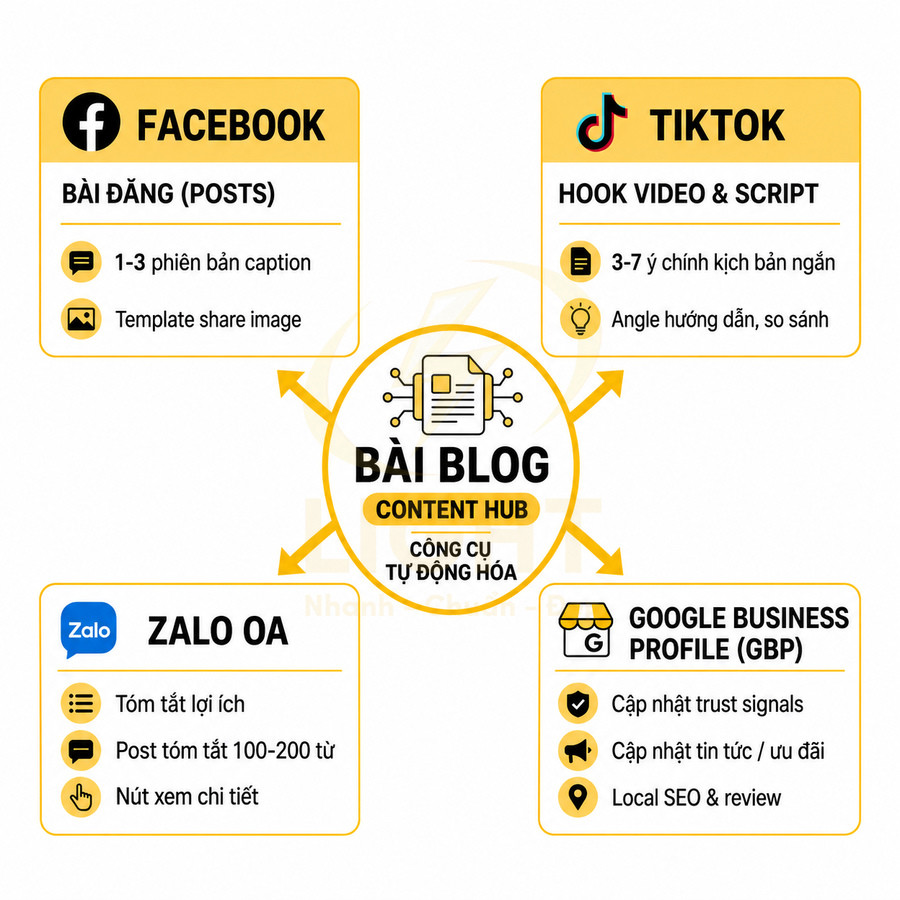 Mô hình content hub từ bài blog tái sử dụng cho Facebook, TikTok, Zalo OA và Google Business Profile