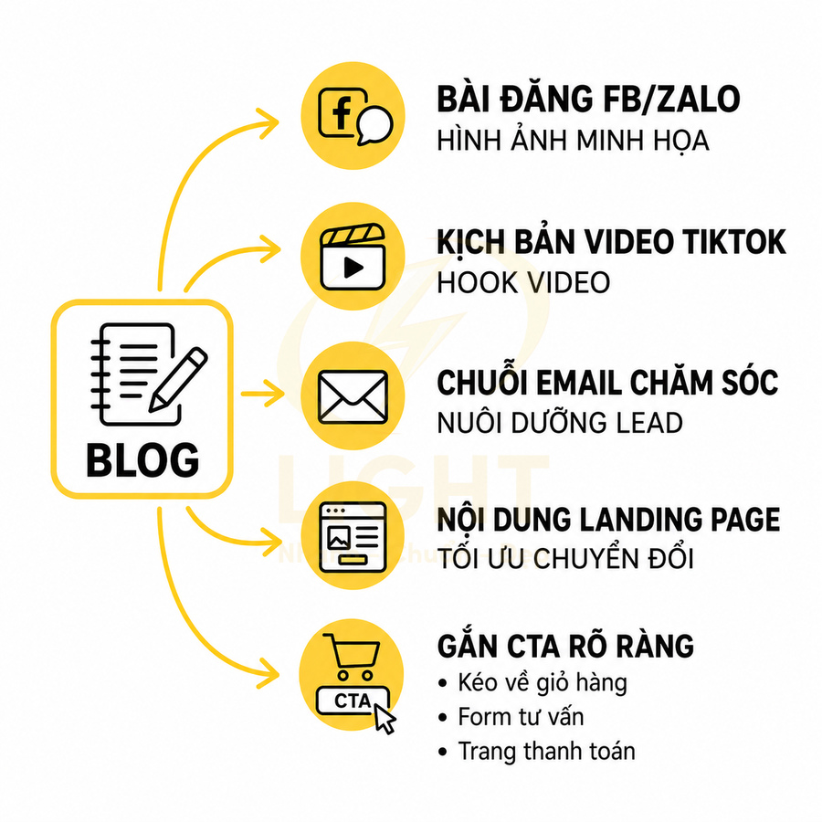 Mô hình nội dung blog chuyển thành bài đăng mạng xã hội, video TikTok, email, landing page và CTA rõ ràng