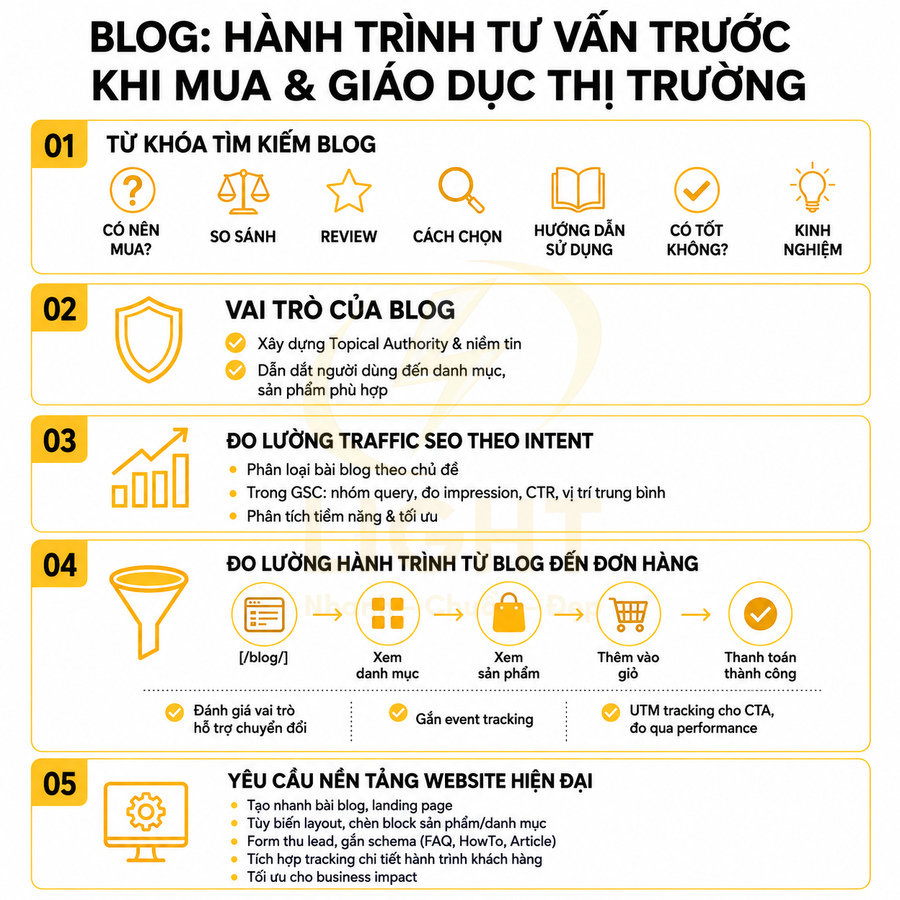 Infographic hành trình blog tư vấn trước khi mua và giáo dục thị trường, các bước đo lường traffic và tối ưu chuyển đổi
