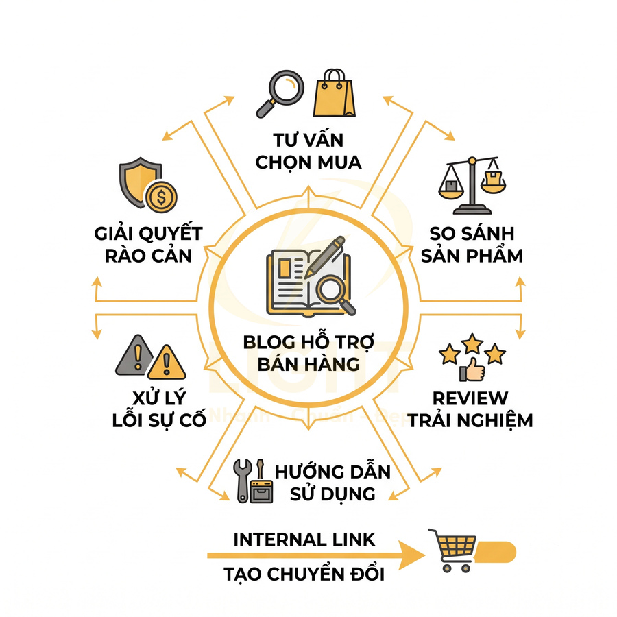 Sơ đồ blog hỗ trợ bán hàng với các nội dung tư vấn chọn mua, so sánh sản phẩm, review và hướng dẫn sử dụng