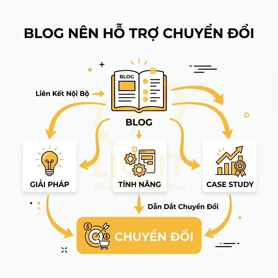 Sơ đồ blog hỗ trợ chuyển đổi với nội dung giải pháp tính năng case study và liên kết nội bộ dẫn đến chuyển đổi