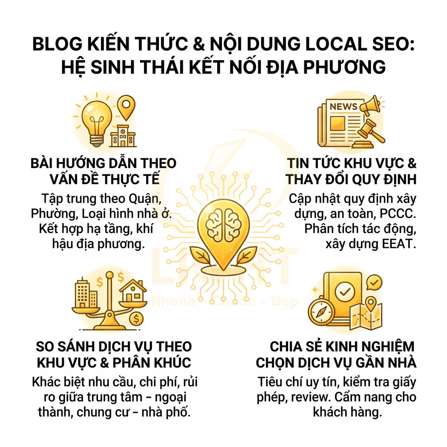 Mô hình nội dung blog Local SEO với các mục hướng dẫn thực tế, tin tức khu vực, so sánh dịch vụ và chia sẻ kinh nghiệm