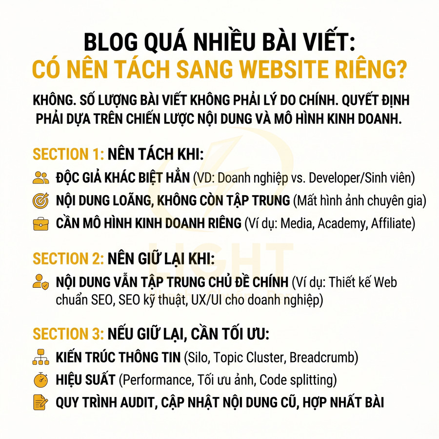 Infographic hướng dẫn khi nào nên tách blog nhiều bài viết sang website riêng và cách tối ưu nội dung SEO