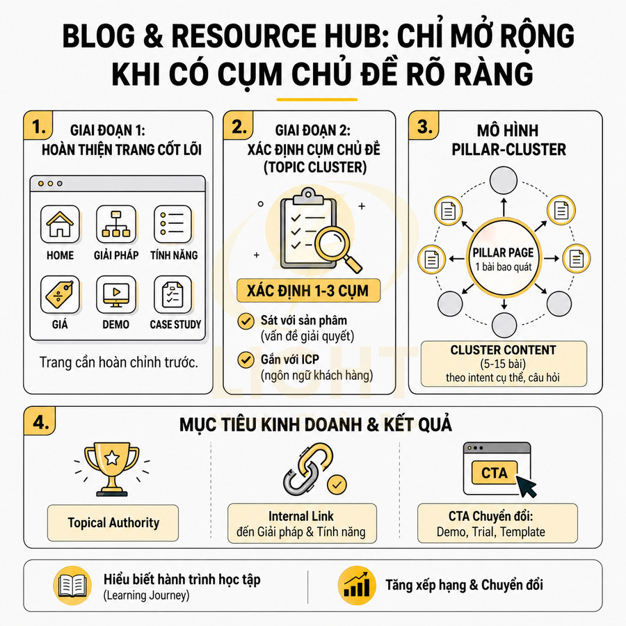 Hướng dẫn xây dựng blog và resource hub với mô hình pillar cluster và mục tiêu tăng thứ hạng chuyển đổi