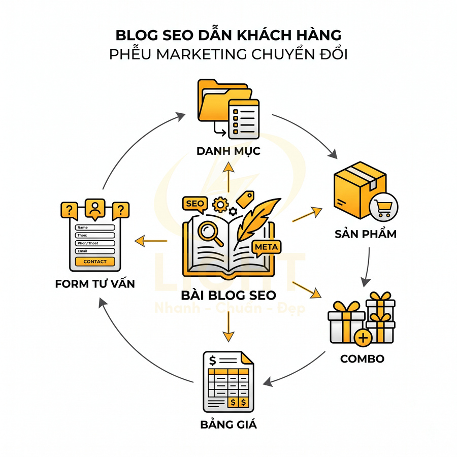 Sơ đồ phễu marketing chuyển đổi với bài blog SEO trung tâm dẫn đến danh mục sản phẩm combo bảng giá và form tư vấn