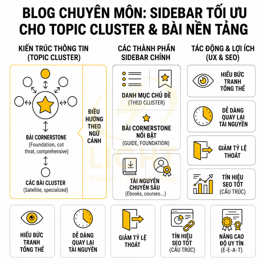 Infographic hướng dẫn tối ưu sidebar blog chuyên môn cho topic cluster và bài cornerstone nâng cao UX và SEO