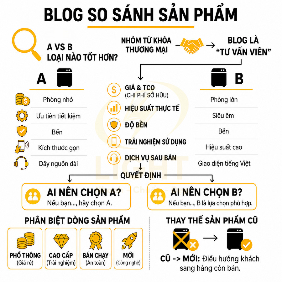 Infographic blog so sánh sản phẩm A và B, nêu ưu nhược điểm, phân khúc giá và gợi ý chọn mua phù hợp
