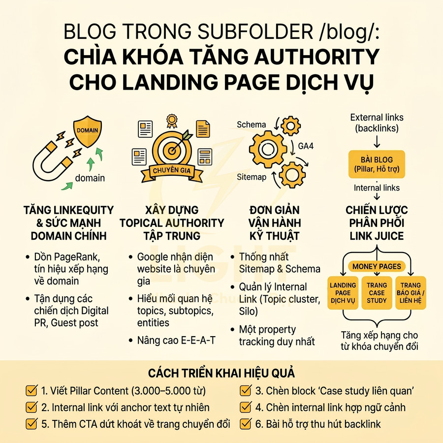Infographic hướng dẫn dùng blog trong subfolder để tăng authority và SEO cho landing page dịch vụ
