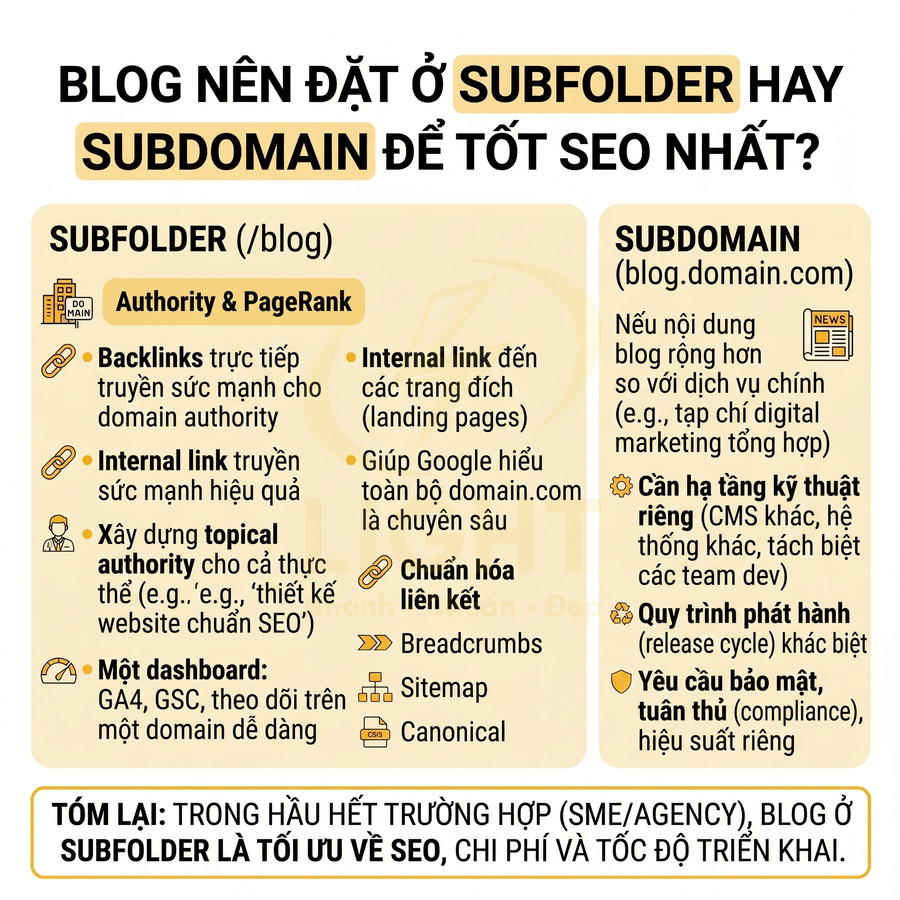 So sánh đặt blog ở subfolder hay subdomain để tối ưu SEO, phân tích ưu nhược điểm và khuyến nghị dùng subfolder
