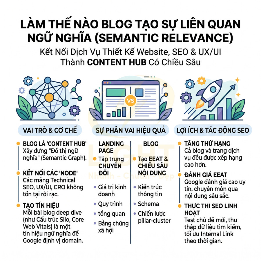 Hướng dẫn cách blog tạo liên quan ngữ nghĩa, so sánh landing page và blog, nêu vai trò và lợi ích SEO cho website