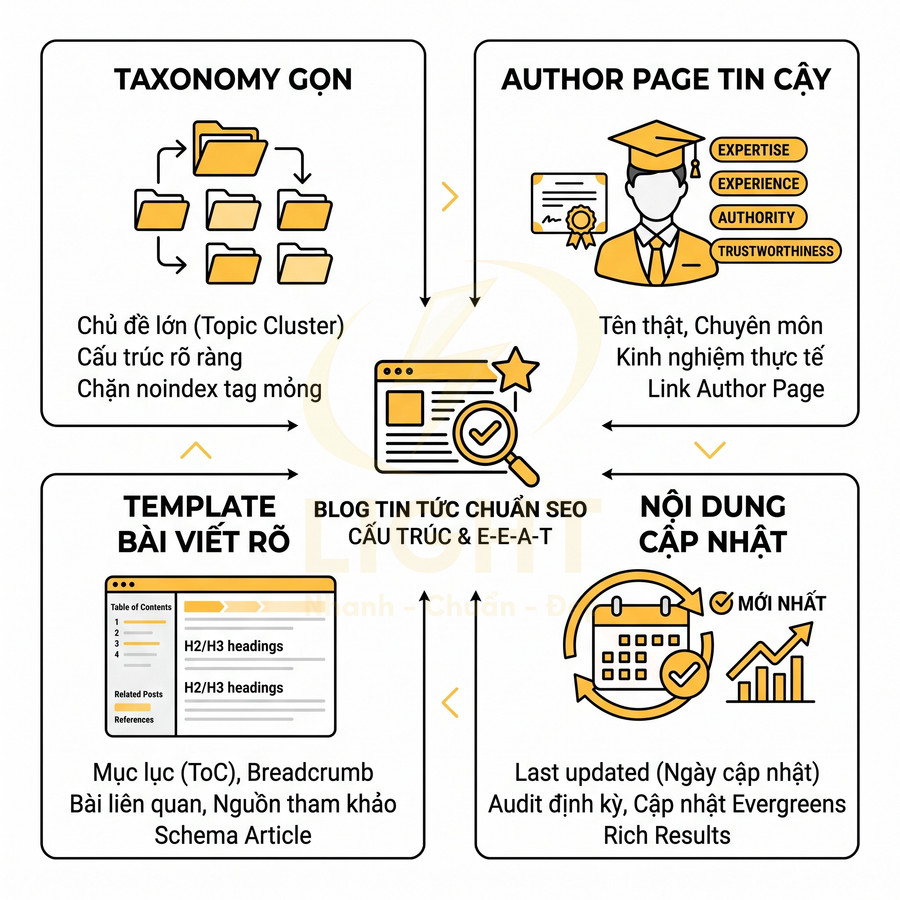 Mô hình blog tin tức chuẩn SEO với taxonomy gọn, author page tin cậy, template bài viết rõ và nội dung luôn cập nhật