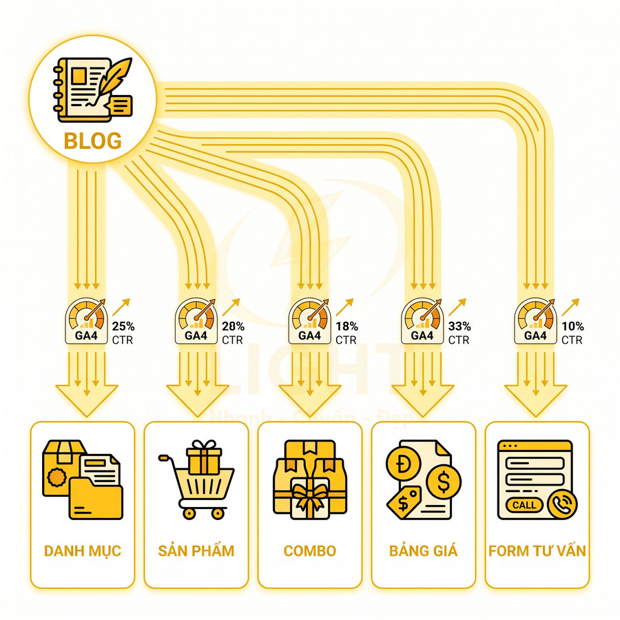 Sơ đồ blog dẫn traffic đến danh mục sản phẩm combo bảng giá form tư vấn và đo lường CTR bằng GA4