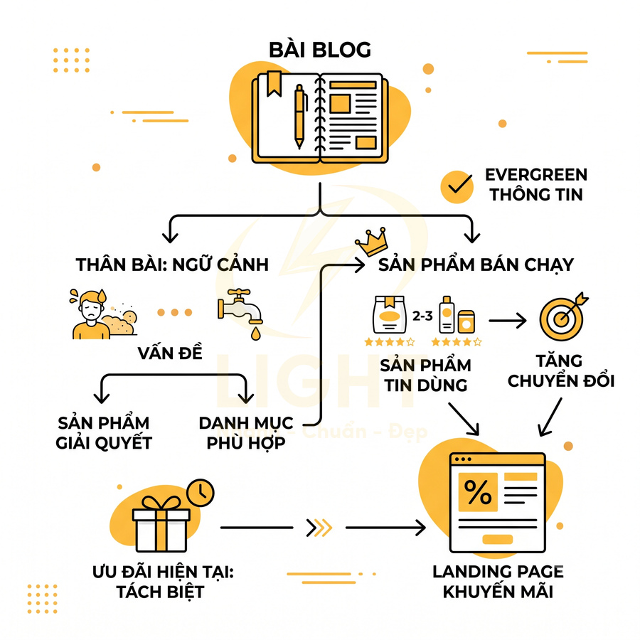Sơ đồ quy trình tối ưu bài blog giới thiệu sản phẩm và landing page khuyến mãi để tăng chuyển đổi bán hàng