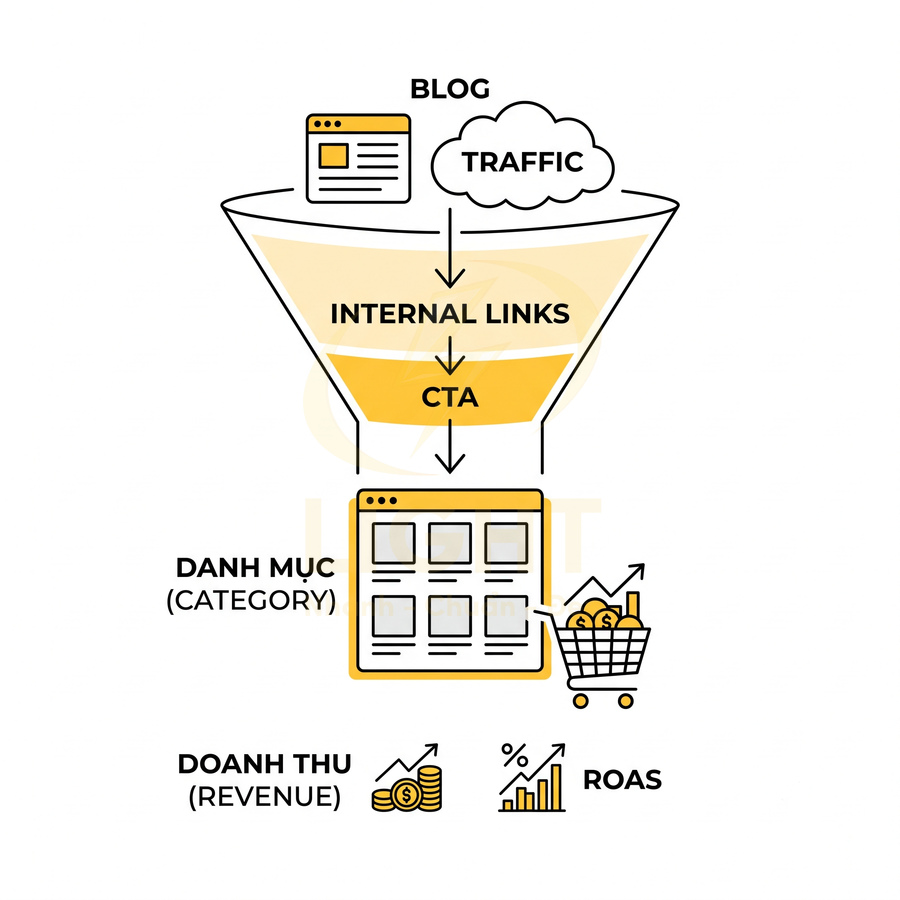 Mô hình phễu nội dung blog dẫn traffic qua internal link và CTA tới danh mục, tăng doanh thu và ROAS