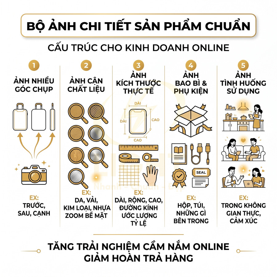 Hướng dẫn chụp bộ ảnh chi tiết sản phẩm chuẩn cho kinh doanh online với nhiều góc, chất liệu, kích thước, bao bì và cách dùng