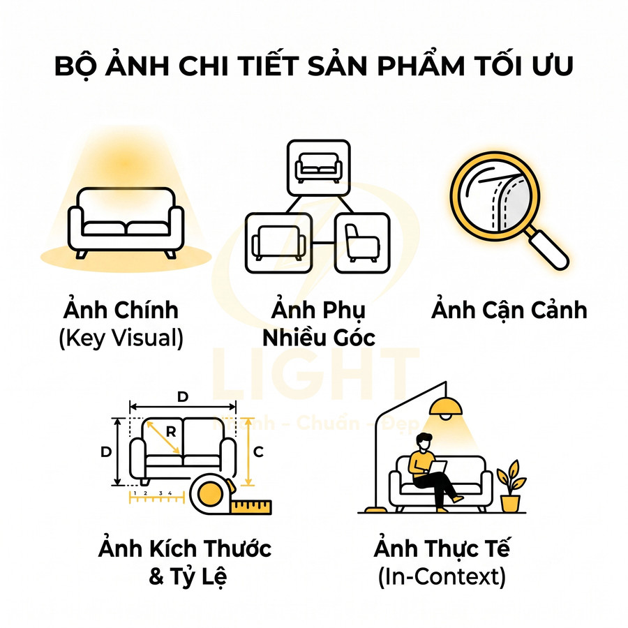 Minh họa các loại ảnh chi tiết sản phẩm sofa gồm ảnh chính, nhiều góc, cận cảnh, kích thước và ảnh thực tế