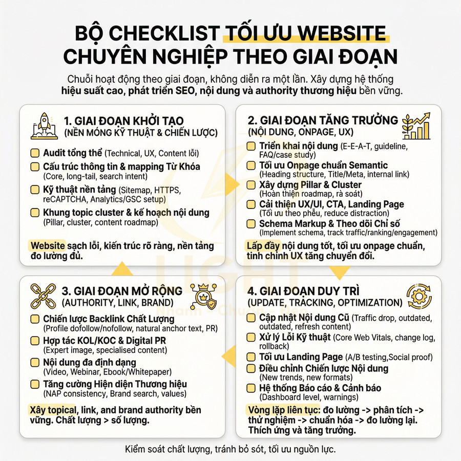 Checklist tối ưu website chuyên nghiệp theo 4 giai đoạn về kỹ thuật, nội dung, onpage, backlink và duy trì SEO