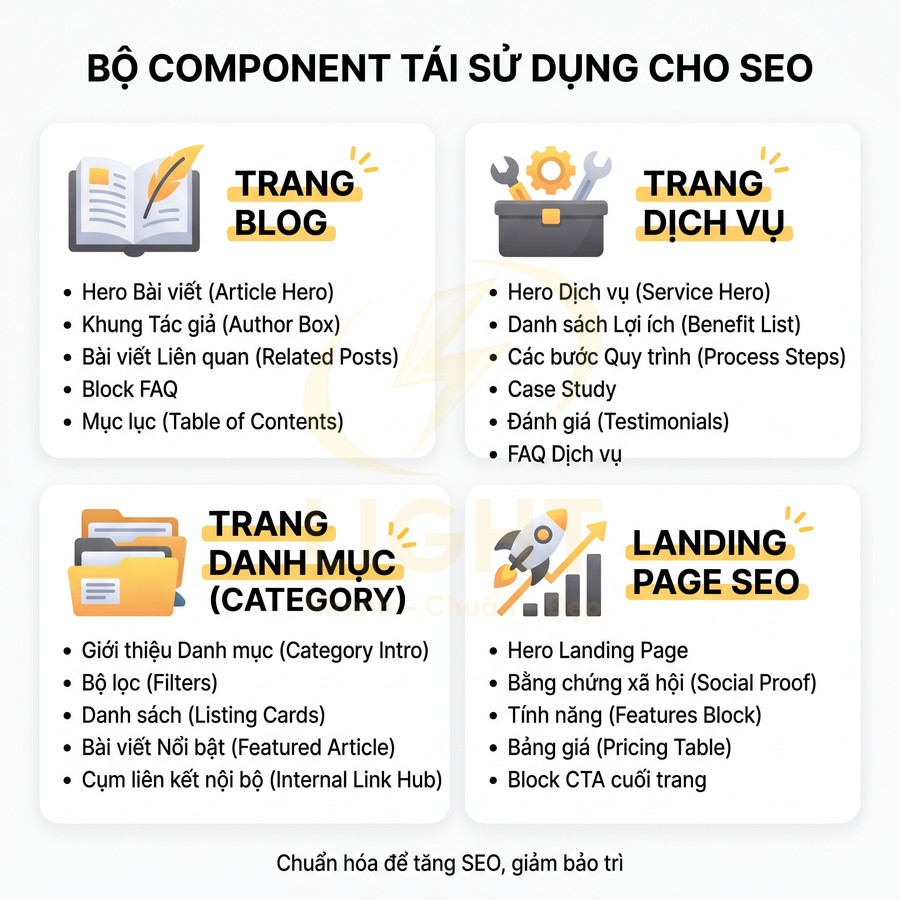 Bộ component tái sử dụng cho SEO gồm trang blog, trang dịch vụ, trang danh mục và landing page SEO