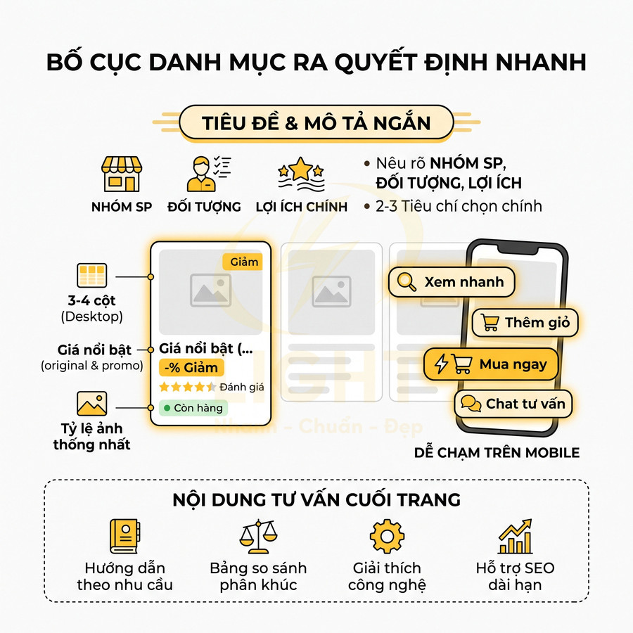 Bố cục danh mục sản phẩm website với thẻ giá nổi bật, đánh giá sao và nút xem nhanh, thêm giỏ, mua ngay trên mobile