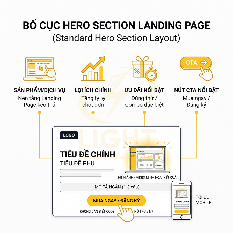 Mẫu bố cục hero section landing page với tiêu đề chính, mô tả, ưu đãi và nút kêu gọi hành động nổi bật
