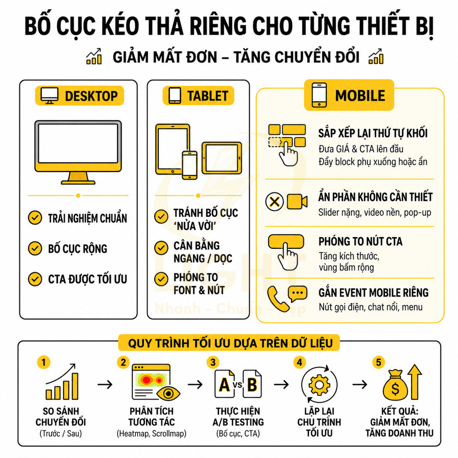 Hướng dẫn tối ưu bố cục kéo thả cho desktop, tablet, mobile nhằm giảm mất đơn và tăng chuyển đổi
