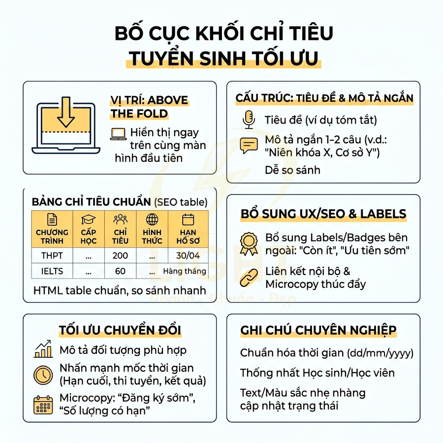 Infographic bố cục khối chỉ tiêu tuyển sinh tối ưu với bảng chỉ tiêu, vị trí hiển thị, cấu trúc tiêu đề và mẹo SEO