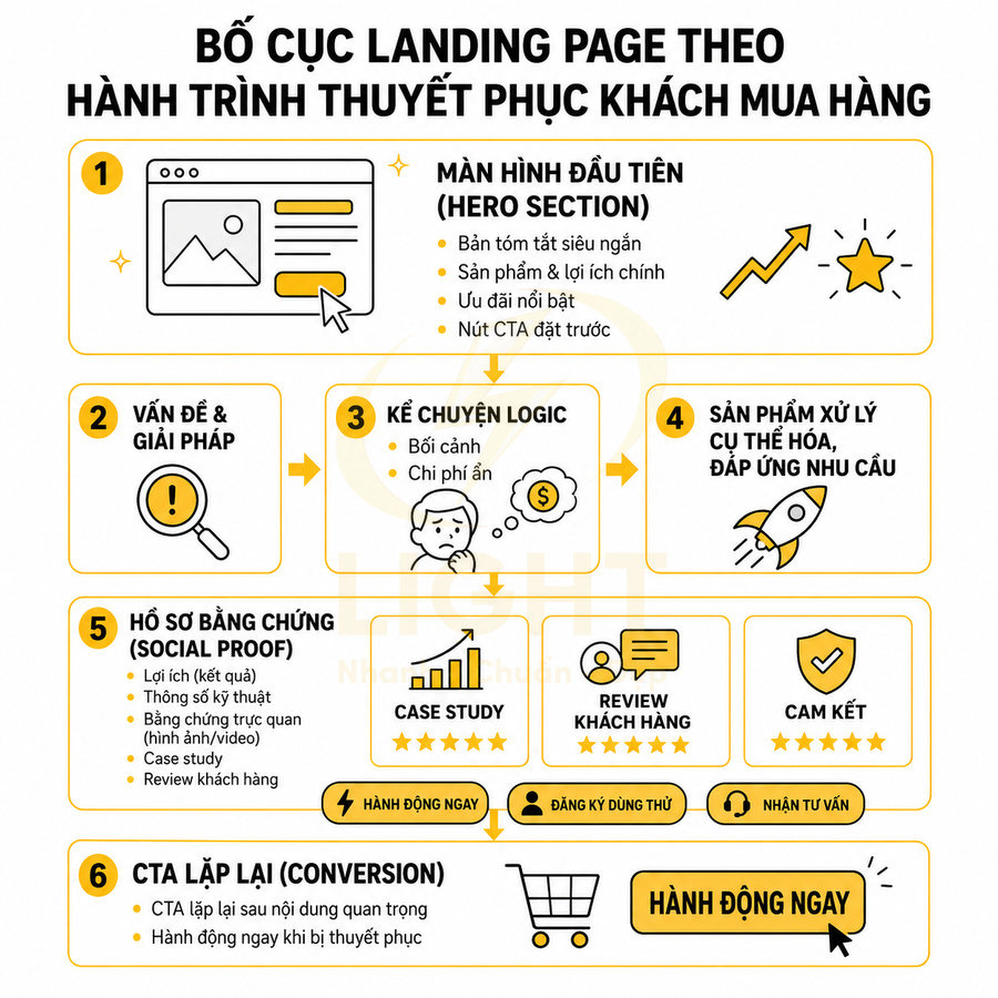 Bố cục landing page chuẩn theo hành trình thuyết phục khách mua hàng với 6 bước và CTA hành động ngay