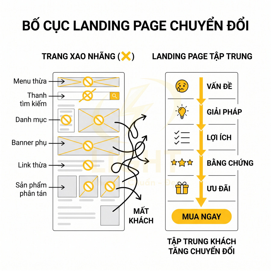 So sánh bố cục landing page xao nhãng và landing page tập trung tối ưu chuyển đổi mua hàng