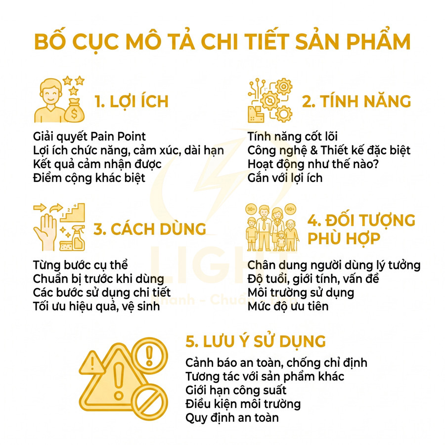 Bố cục mô tả chi tiết sản phẩm với 5 phần lợi ích tính năng cách dùng đối tượng phù hợp và lưu ý sử dụng