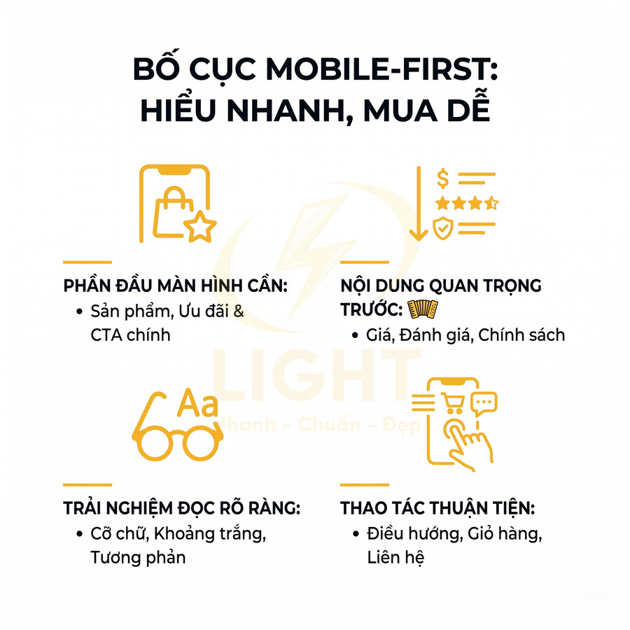 Infographic bố cục mobile first với các nguyên tắc hiển thị sản phẩm, nội dung quan trọng và thao tác mua hàng trên điện thoại