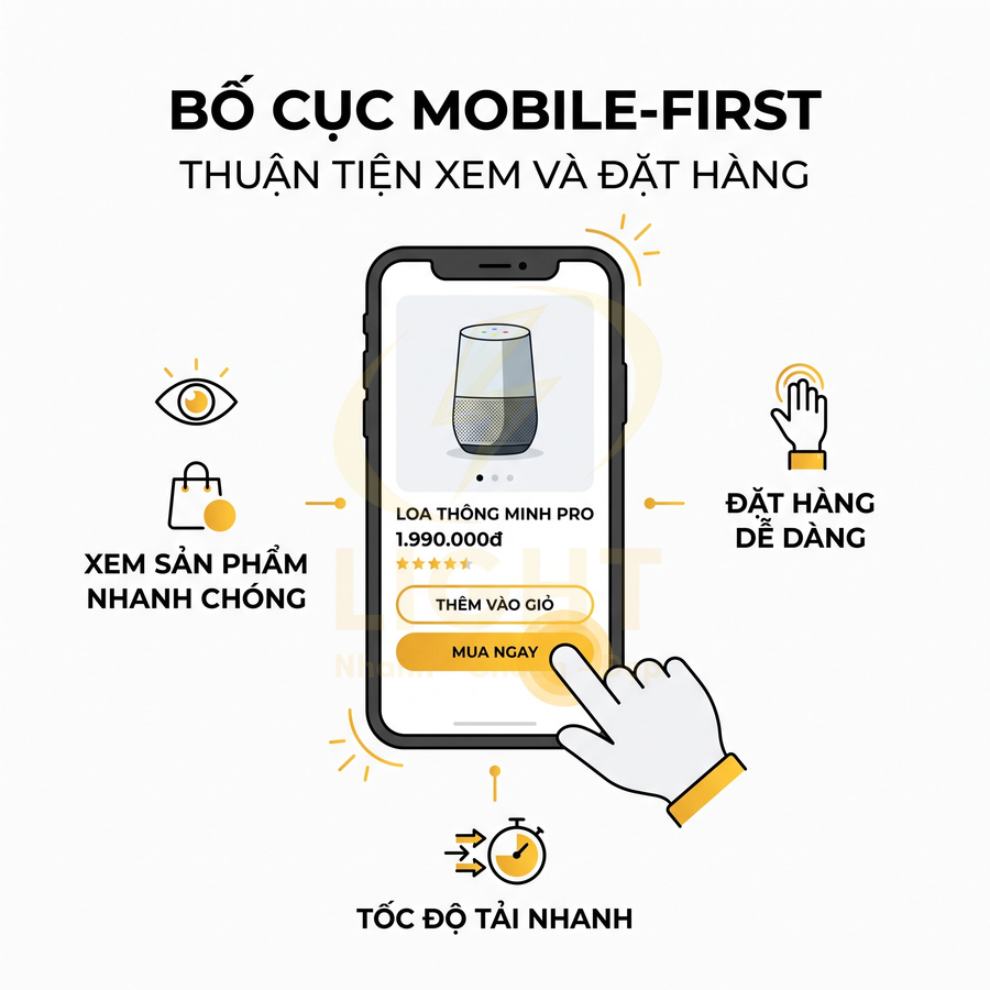 Giao diện mobile first hiển thị loa thông minh Pro giá 1.990.000đ với nút thêm vào giỏ và mua ngay