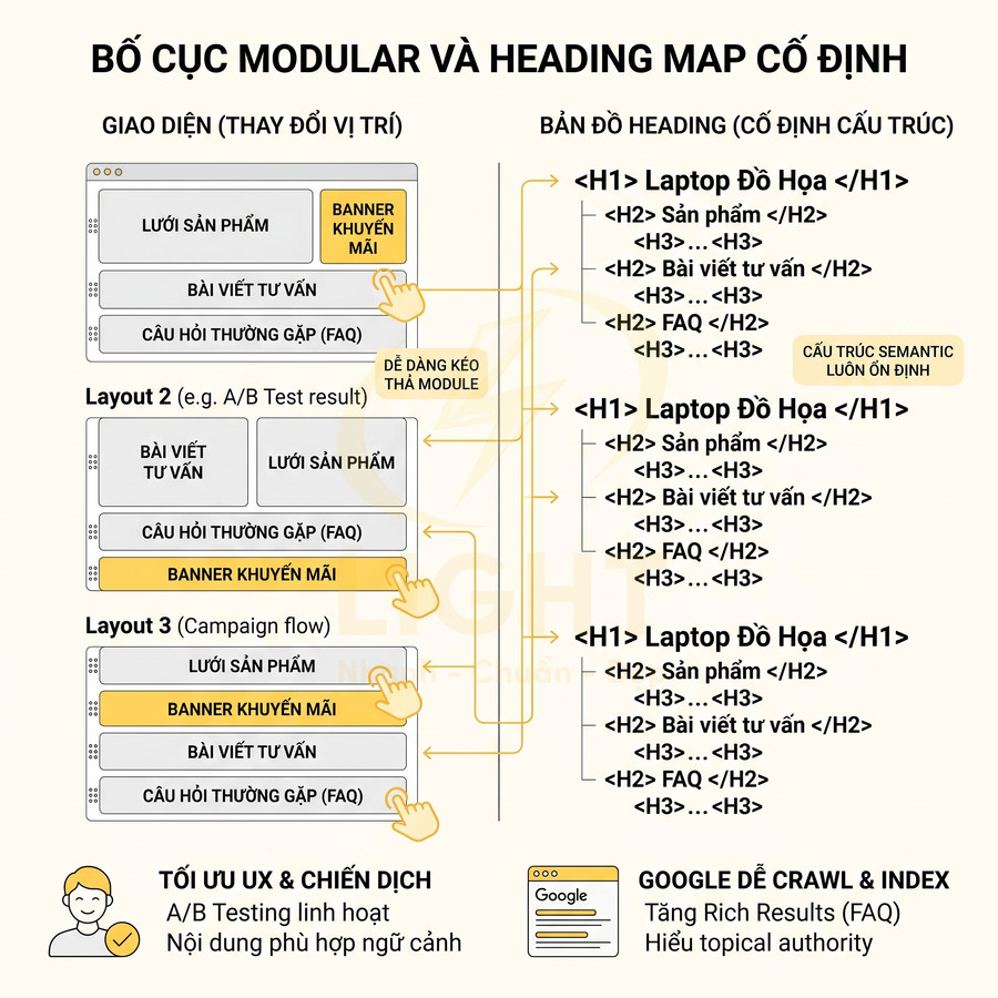 Sơ đồ bố cục modular trang web và heading map cố định tối ưu UX và SEO cho laptop đồ họa