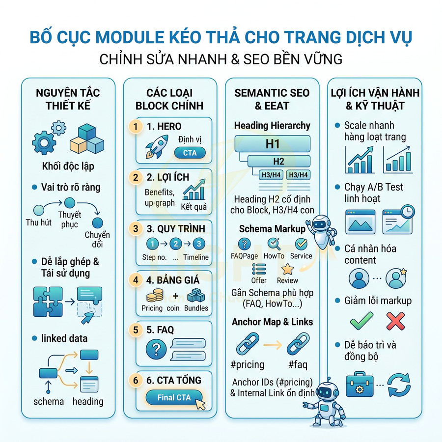 Infographic bố cục module kéo thả cho trang dịch vụ, hướng dẫn thiết kế block nội dung chuẩn SEO và tối ưu vận hành