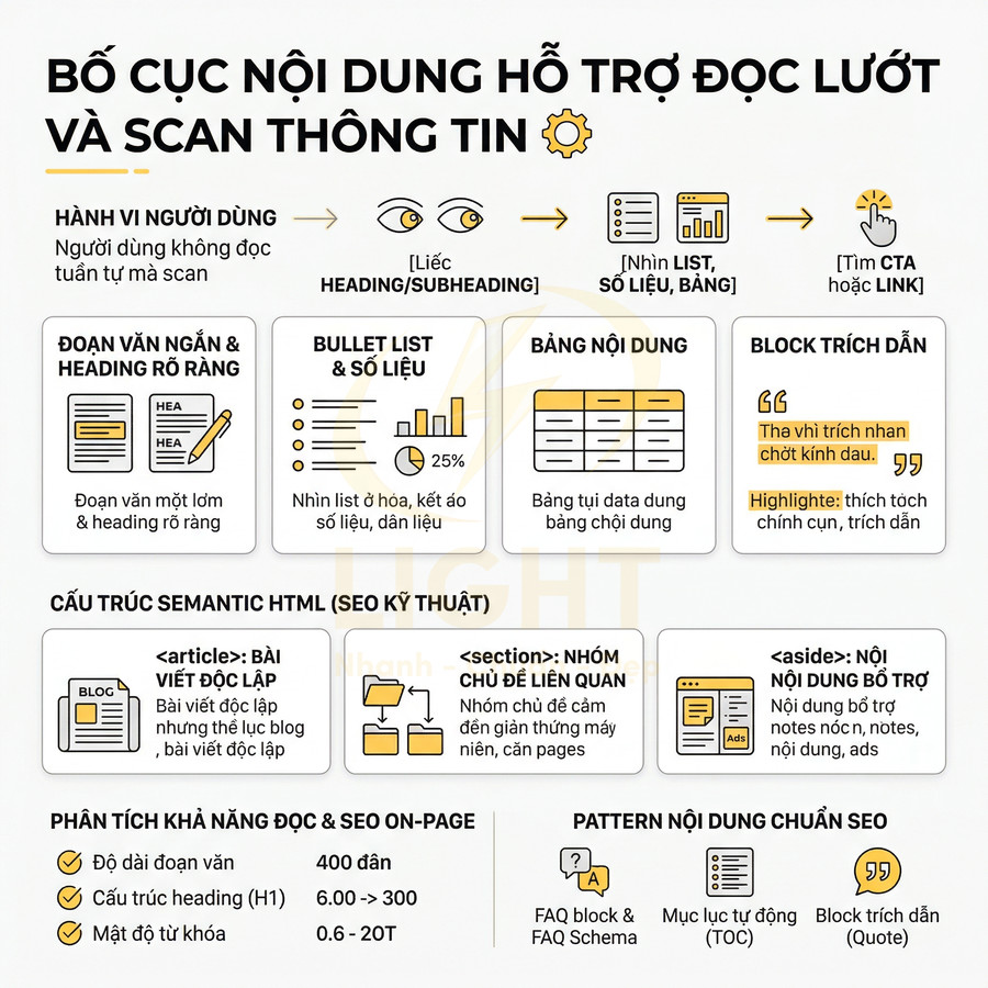 Bố cục nội dung chuẩn SEO hỗ trợ đọc lướt và scan thông tin với heading, bullet list, bảng và block trích dẫn