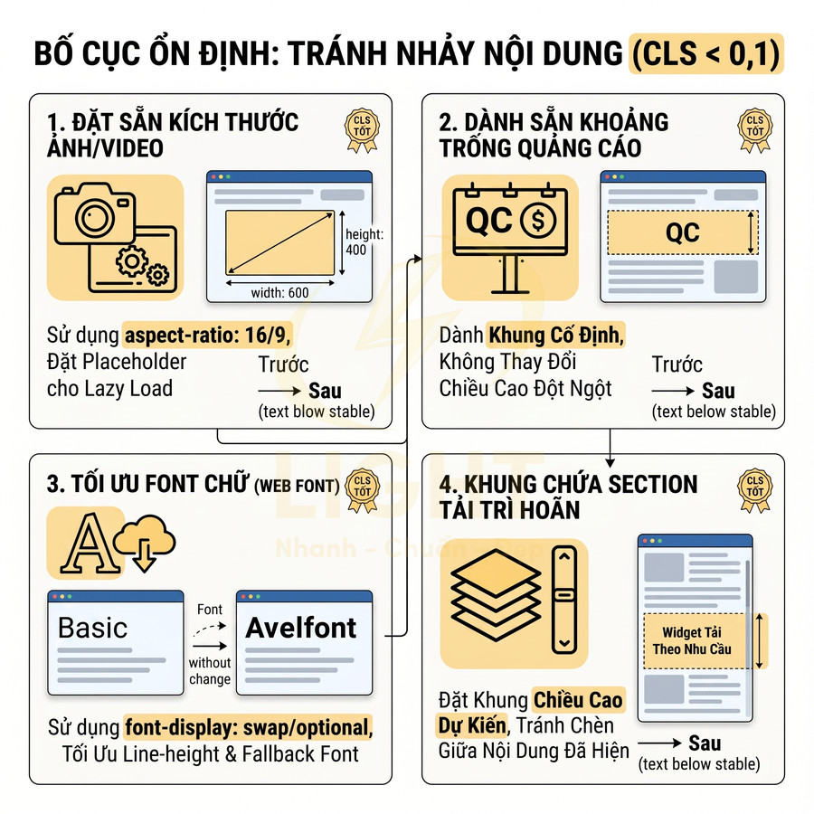 Hướng dẫn tối ưu bố cục web tránh nhảy nội dung với thiết lập kích thước ảnh, quảng cáo, font và khung tải trì hoãn