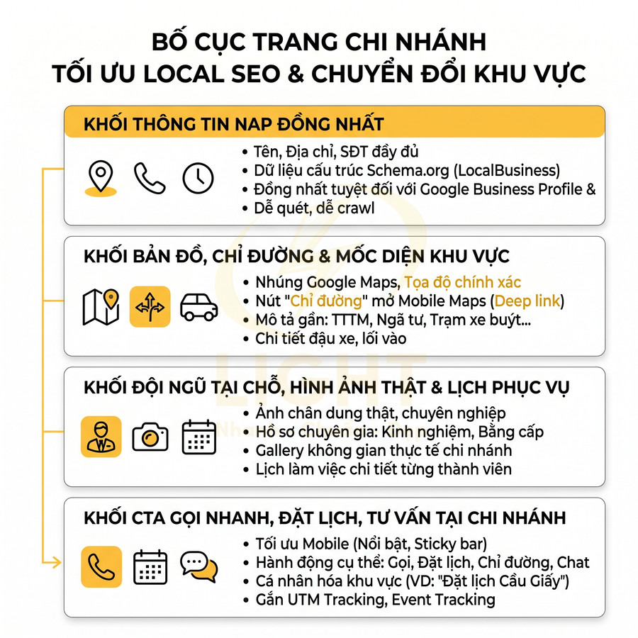 Bố cục trang chi nhánh tối ưu Local SEO với các khối thông tin NAP, bản đồ, đội ngũ và CTA chuyển đổi khu vực