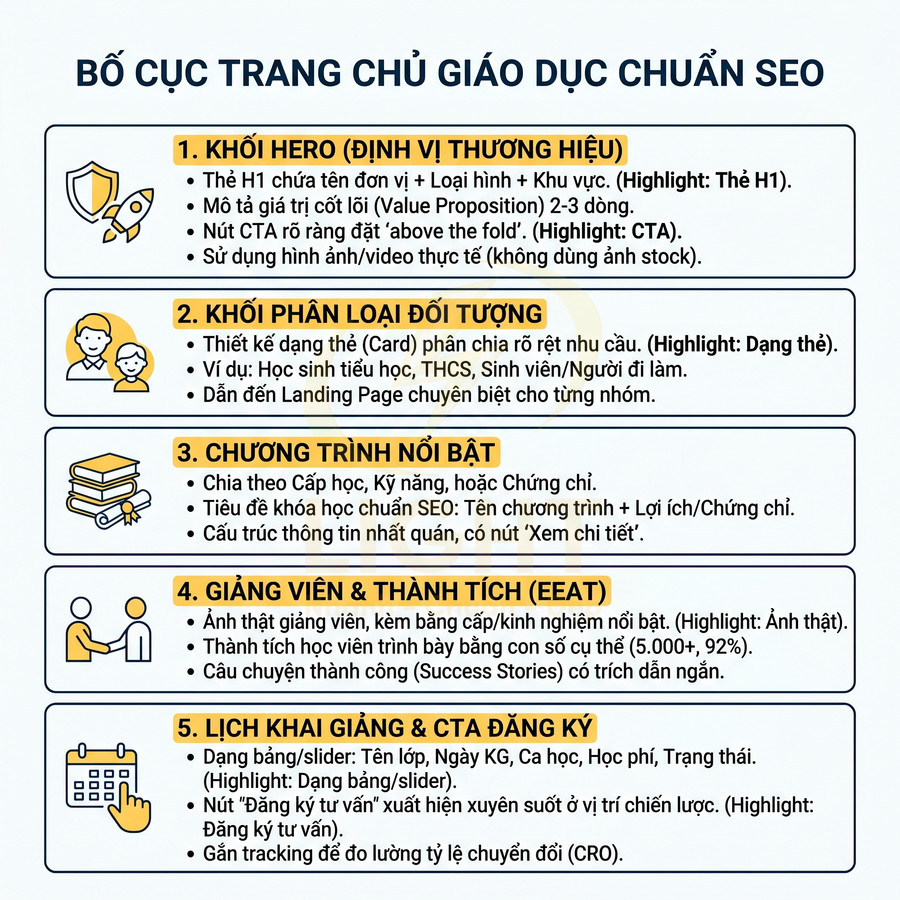 Bố cục trang chủ giáo dục chuẩn SEO với 5 khối nội dung chính và gợi ý tối ưu chuyển đổi