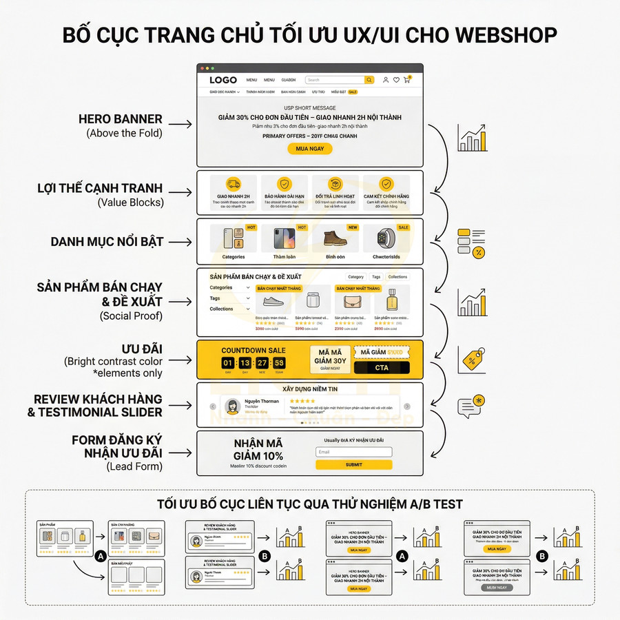 Bố cục trang chủ webshop tối ưu UX UI với hero banner, danh mục, sản phẩm bán chạy, ưu đãi và form đăng ký nhận mã giảm giá