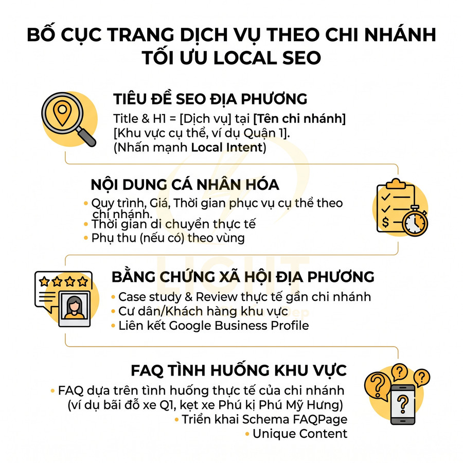 Bố cục trang dịch vụ theo chi nhánh với tiêu đề SEO địa phương, nội dung cá nhân hóa, bằng chứng xã hội và FAQ local SEO