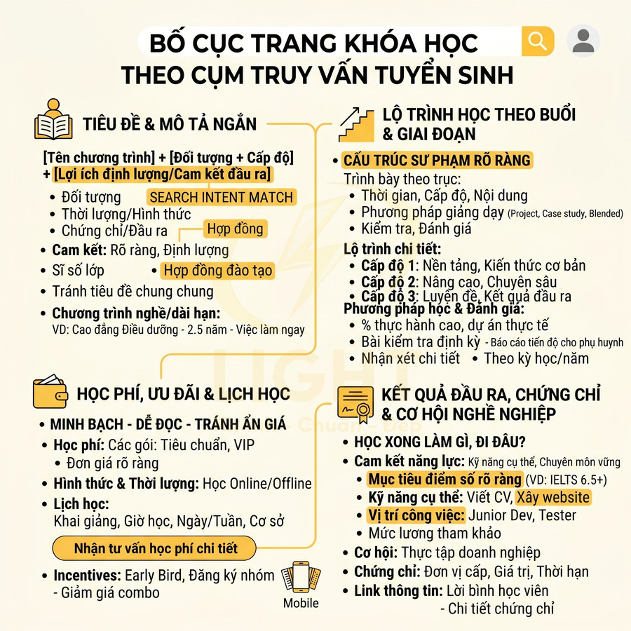 Bố cục trang khóa học chuẩn SEO theo cụm truy vấn tuyển sinh với tiêu đề, lộ trình, học phí và kết quả đầu ra