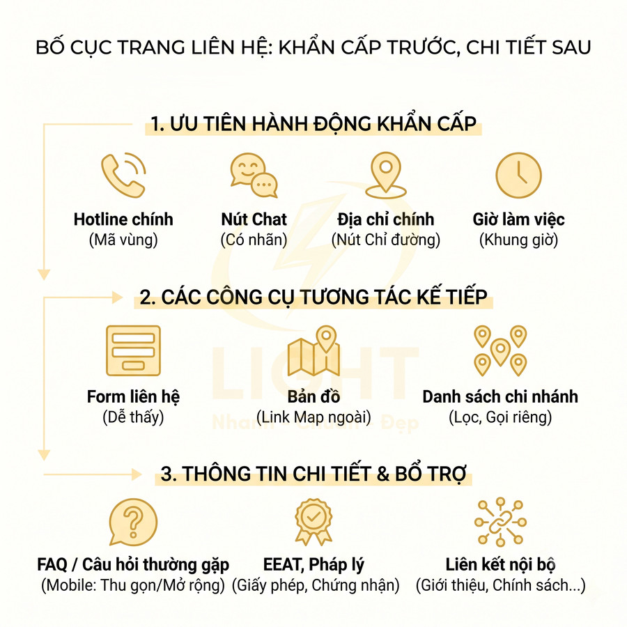 Sơ đồ bố cục trang liên hệ với hotline, nút chat, địa chỉ, giờ làm việc, form, bản đồ, chi nhánh và mục hỗ trợ chi tiết