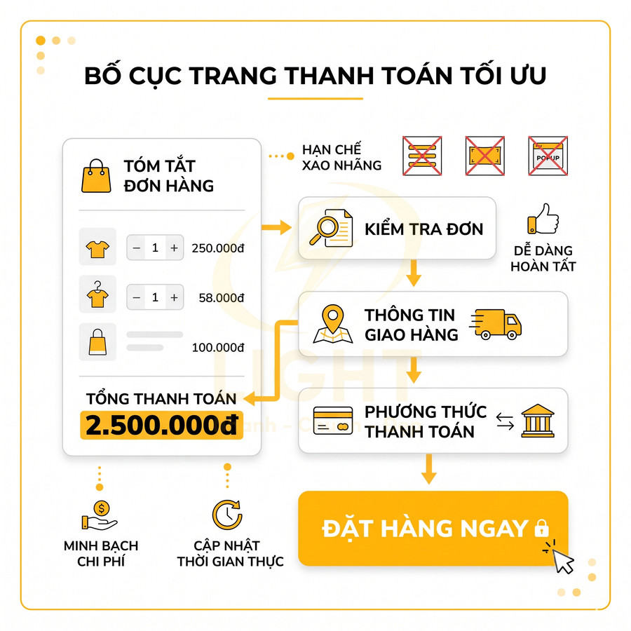 Bố cục trang thanh toán tối ưu với tóm tắt đơn hàng, kiểm tra đơn, thông tin giao hàng, phương thức thanh toán và nút đặt hàng ngay