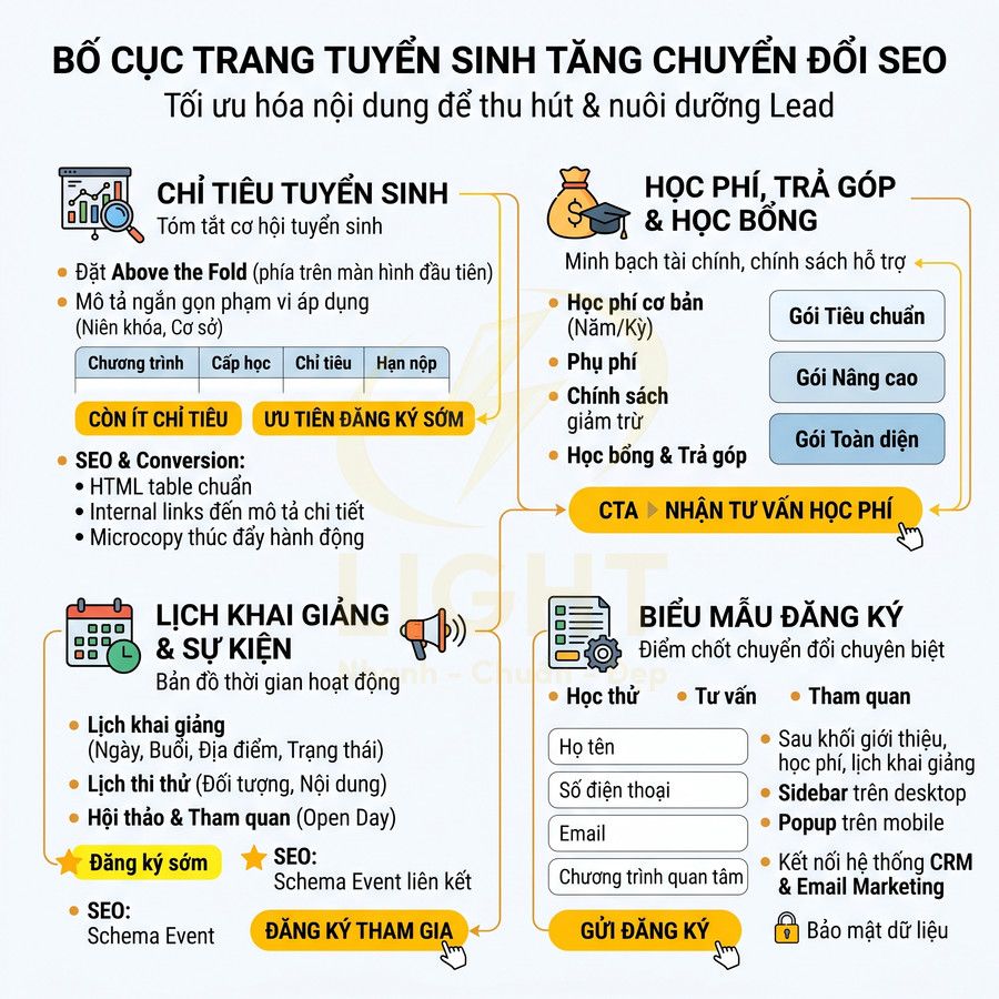 Bố cục trang tuyển sinh tối ưu SEO với các mục chỉ tiêu, học phí, lịch khai giảng và biểu mẫu đăng ký
