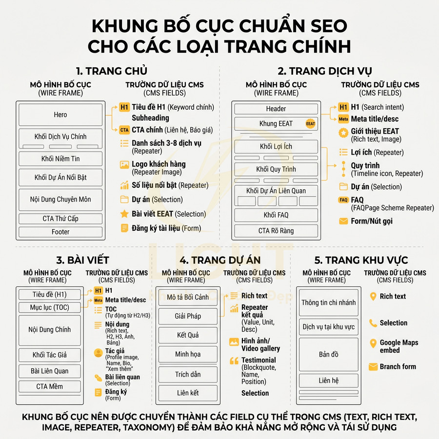 Bố cục web chi tiết và trường dữ liệu CMS cho trang chủ, dịch vụ, bài viết, dự án và trang khu vực ưu tiên mobile