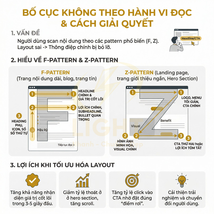Infographic hướng dẫn bố cục website theo F pattern và Z pattern để tối ưu hành vi đọc và tăng chuyển đổi