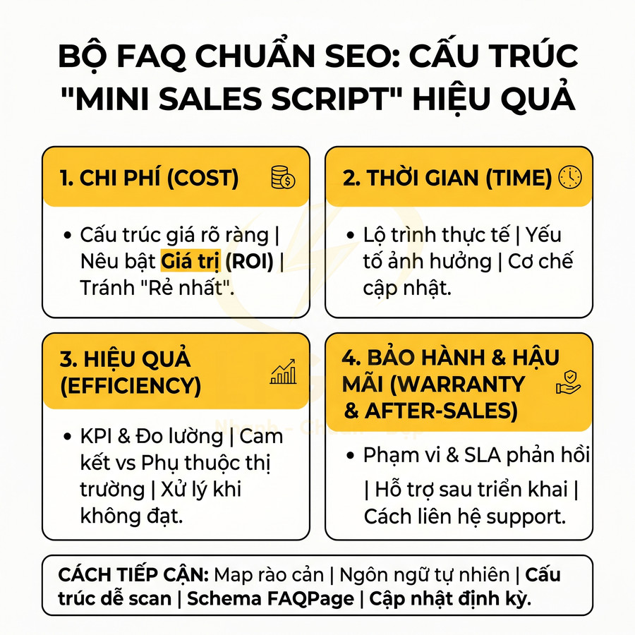 Bộ FAQ chuẩn SEO hướng dẫn cấu trúc mini sales script với 4 mục chi phí thời gian hiệu quả bảo hành hậu mãi