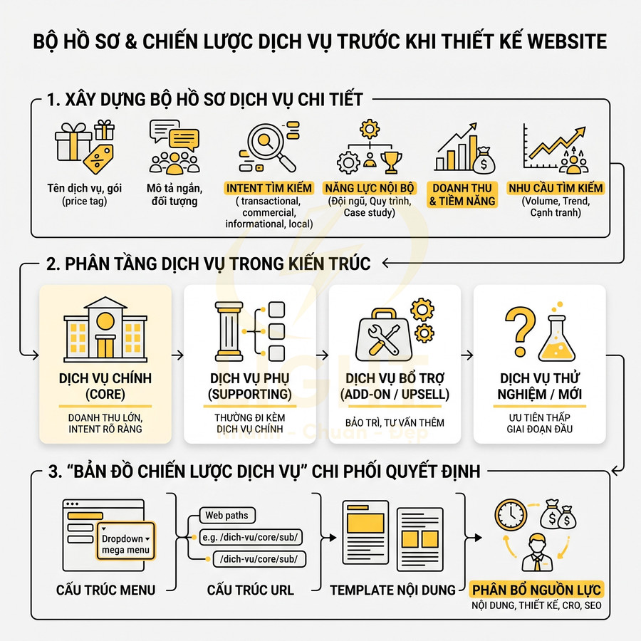 Sơ đồ bộ hồ sơ và chiến lược dịch vụ trước khi thiết kế website, phân tầng dịch vụ và cấu trúc menu URL