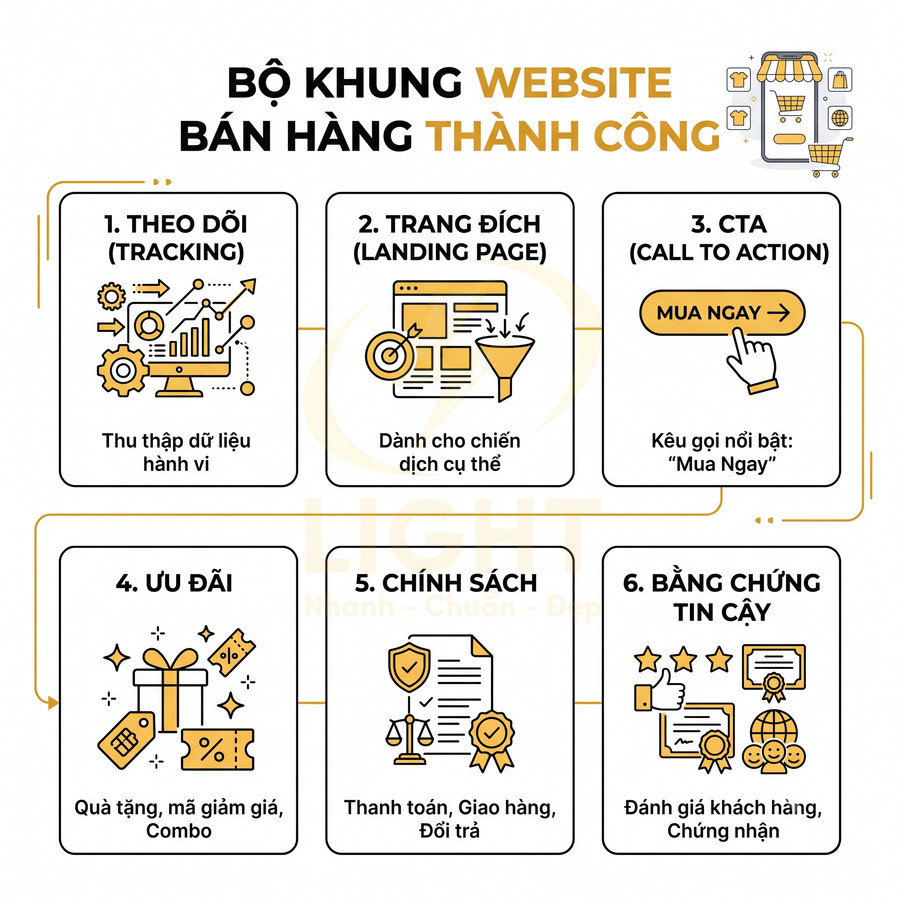 Bộ khung website bán hàng thành công với 6 bước từ tracking, landing page, CTA đến ưu đãi, chính sách và bằng chứng tin cậy