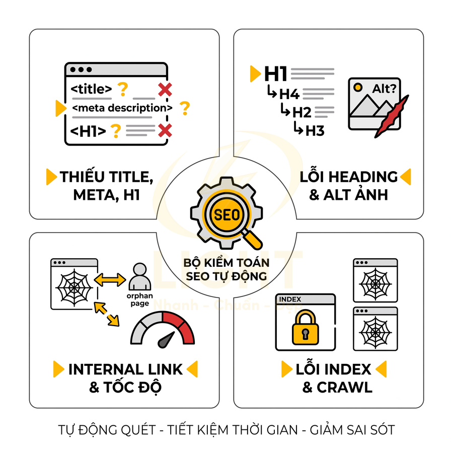 Bộ kiểm toán SEO tự động phát hiện thiếu title meta H1 lỗi heading alt ảnh internal link tốc độ index crawl